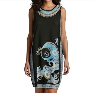 Sandra Darren Black and Blue Sleeveless Dress with Paisley Design
